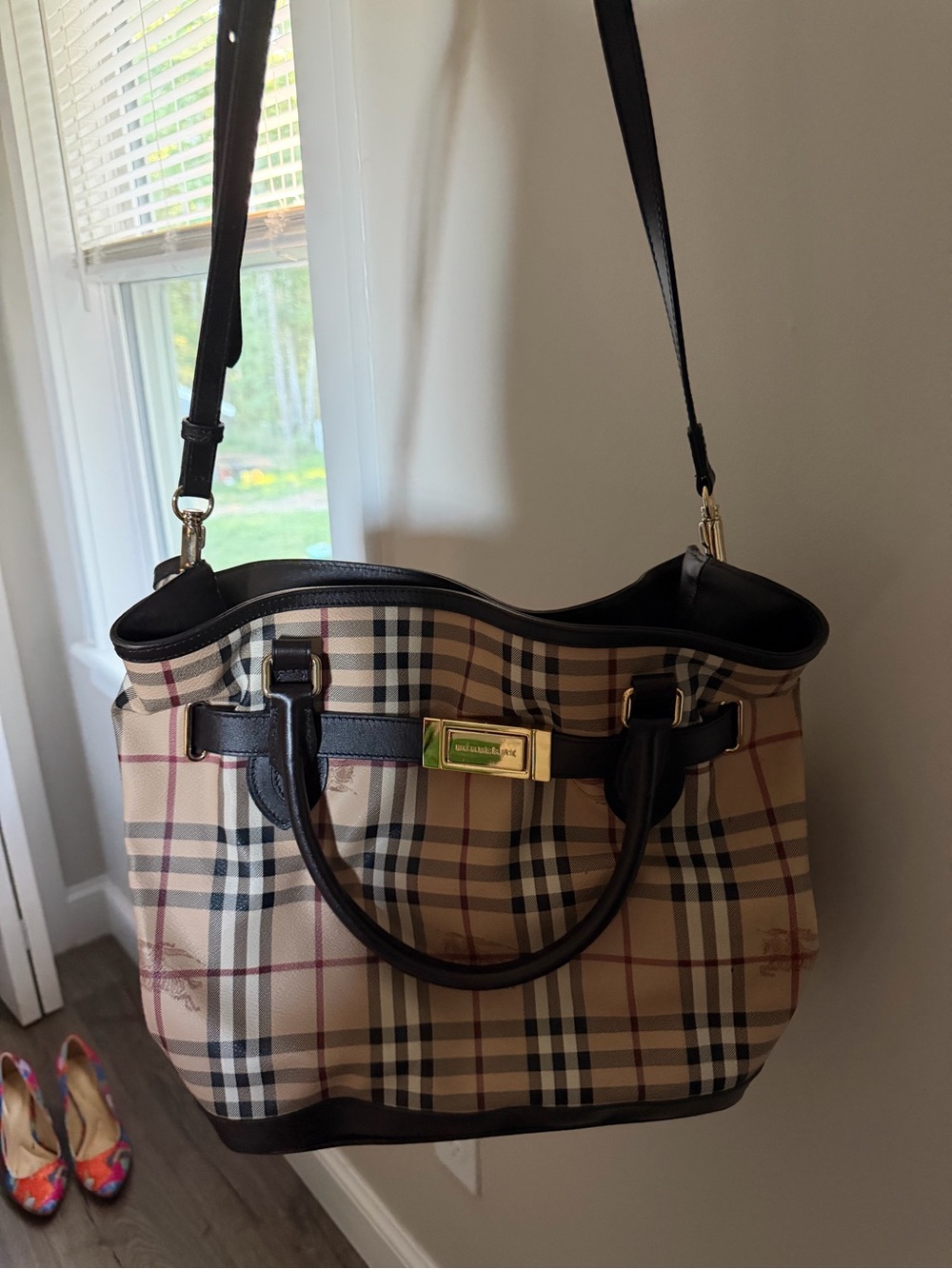 Burberry Beige Plaid Tote with Black Trim and Gold Hardware